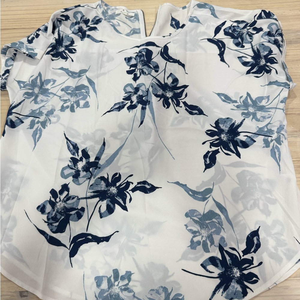 Maurices White Short-Sleeve Floral Blouse with Navy Print